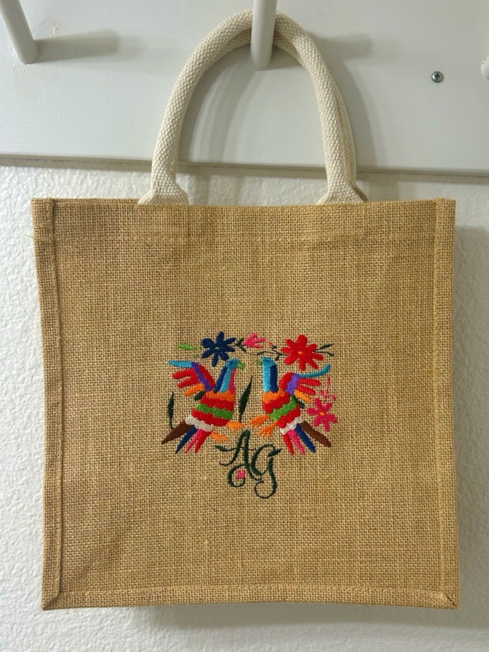 AG Embroidered Jute Tote Bag with Colorful Otomi Bird Design